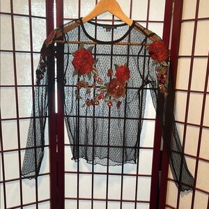 Floral Embroidered Sheer Black Top